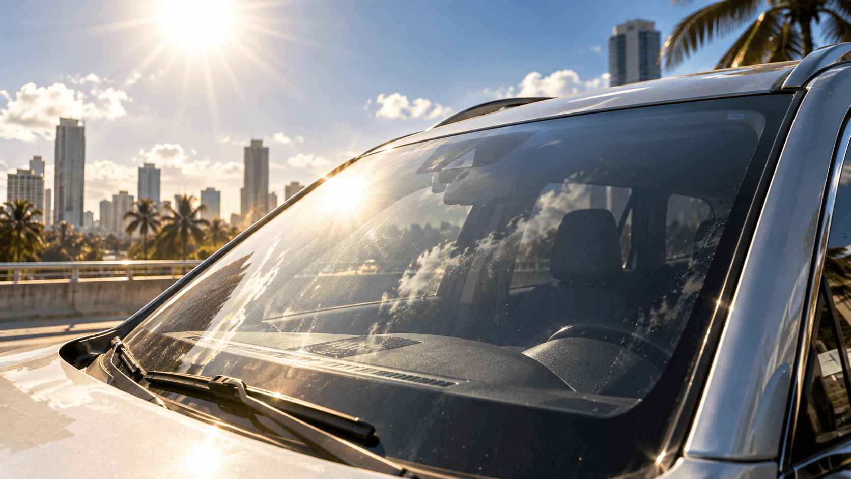 Car windshield exposed to strong sunlight