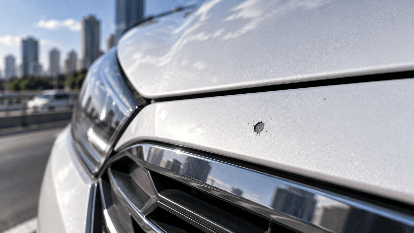 Stone chip on a car's front paint
