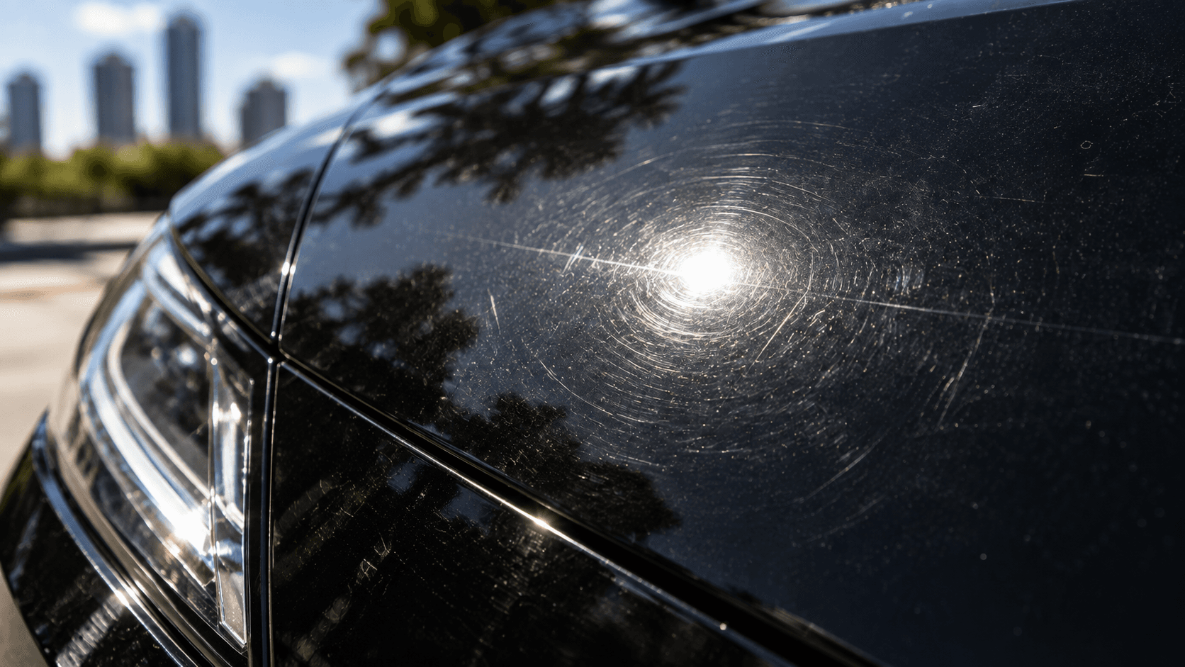 Swirl marks visible on black car paint